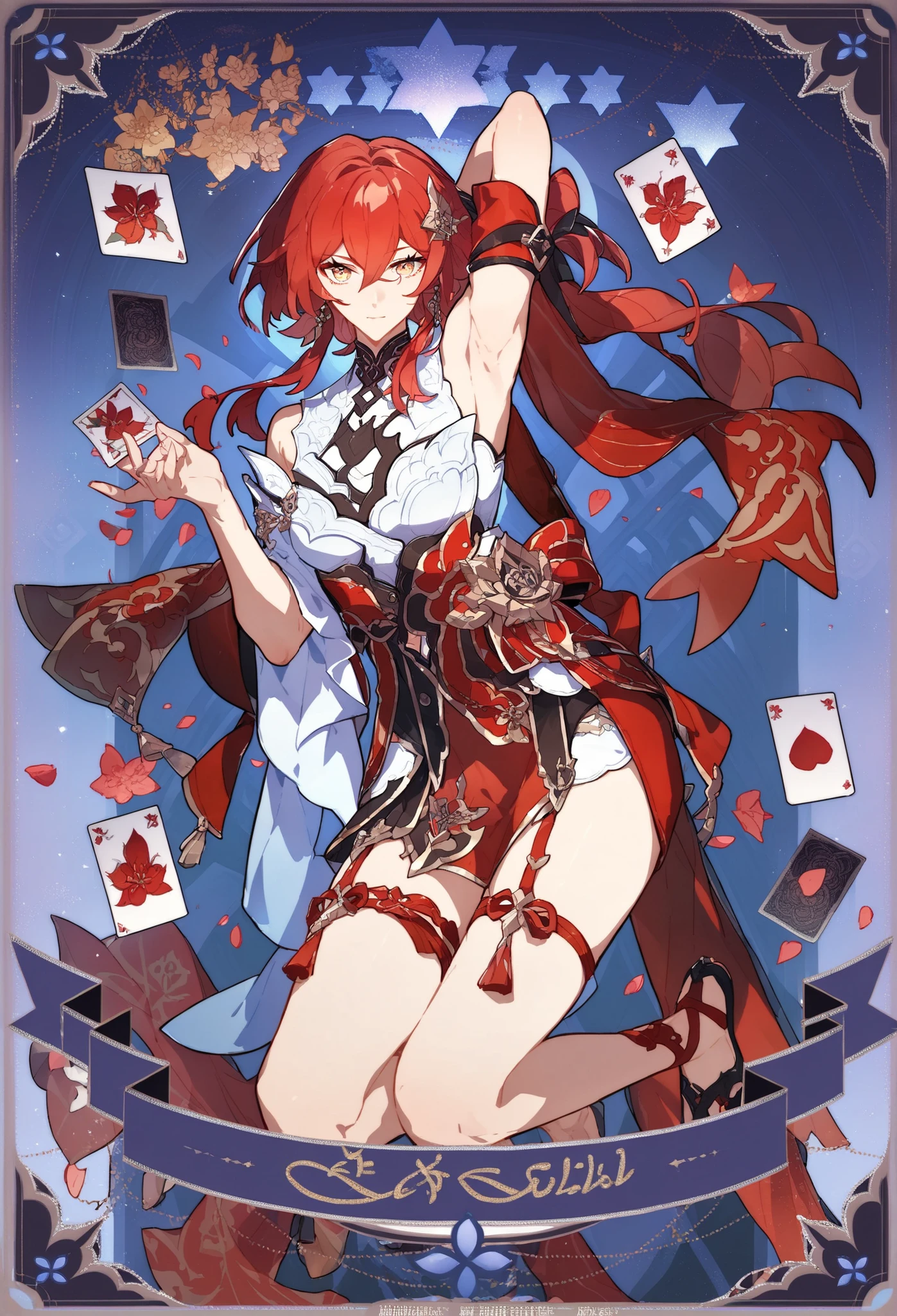 score_9_up, score_8_up, score_7_up, source_anime, HONKAI STAR RAILWAY TAROT card,
1girl, extreamly detailed, beautiful detailed face, complex detailed background, BREAK, red hair, sleevless, detailed fingers, armpits
