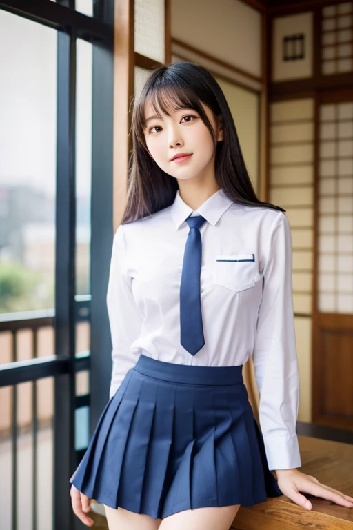 ((school uniform)),ribbon at neck,(school uniform and ((Plaid navy skirt)) and white shirt:1.1), Skin color, big , smile, (8k, RAW Photos, Highest quality, masterpiece:1.2), masterpiece, super detailed, super high quality, (Realistic and Realistic photography:1. 37), High-resolution RAW color photos, Very delicate and beautiful, highly detailed, 8k壁紙, wonderful, detailed, Very eye, very detailed, very detailed skin, very thin fingers, very detailed nose, very detailed mouth, Perfect Anatomy, Upper Body, studio, Soft lighting, A full-body shot of a cute idol wearing a one-piece swimsuit, Playful pose, Hands on hips, smile, Pastel Background, Realistic, Attention to detail, studio photography