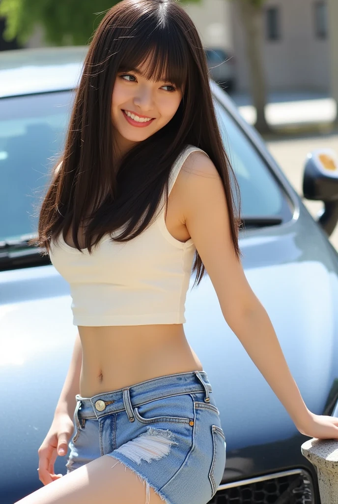 Best image quality、Ultra-high resolution、Tabletop、Photo quality(Realistic:1.8)、pores、Accuracy、Japanese women、23-year-old girl、Black-haired、cuteえくぼ、Young Face、cute、Short Bob、Slender girl、Small breasts、 Flat Chest、To the camera、Turn your body forward、Gravure Beautiful Girl、Are standing、whole body、Gulf Road、Palm tree、White Bikini、Denim pants、Leather Belt、blue sky、White cloud、Light of the sun、Reflective plate、Navy blue、Get in the driver's seat of a pickup truck、 protrude、Laughing with your mouth open、White teeth、Happily、Look straight ahead、