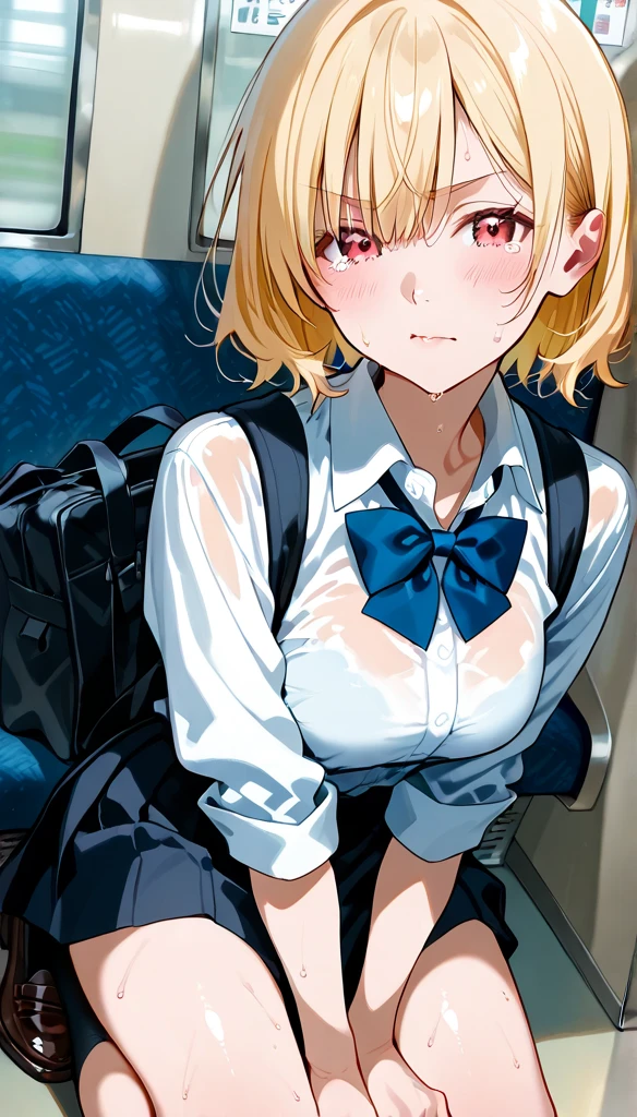 masterpiece, absurdres, best quality, ultra detailed, high Resolution, detailed illustration, bright colour, (extremely beautiful detailed face and eyes, Delicate beautiful face, 1 girl, 18yo, cute face:1.3), (magenta eyes:1.1), sparkling eyes, big eyes, (medium breasts:1.3), (perky breasts:1.1), (pointy breasts:1.1), medium hips, glamorous body, white skin, BREAK, (blonde hair:0.8), messy hair, detailed hair, shiny hair, BREAK (casual blouse, frill skirt, undressed:1.3), perfect lighting, (ecstasy, vulgarity:1.5), (embarrassed:1.3), (1 boy, hetero, touch Butt, panty, elevator:1.3),
