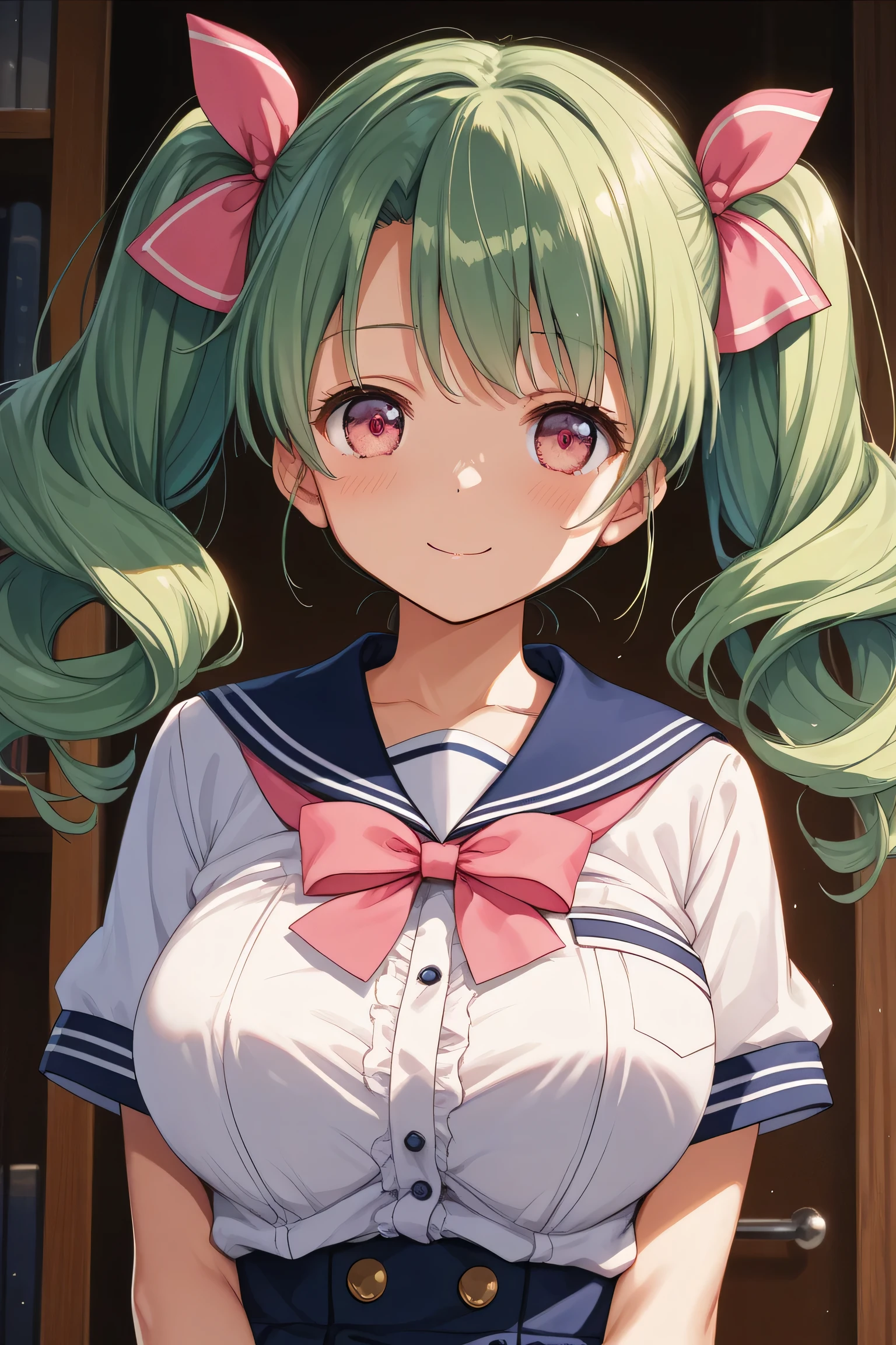   masterpiece,amazing quality,best quality,ultra-detailed,8K,illustration,CG,1cute girl , green hair, twin tails,pink ribbon,笑顔,large bust,ピンクのラインが入った白いsailor suit,白のミニスカ, pink eyes,太もも,白のハイヒール,