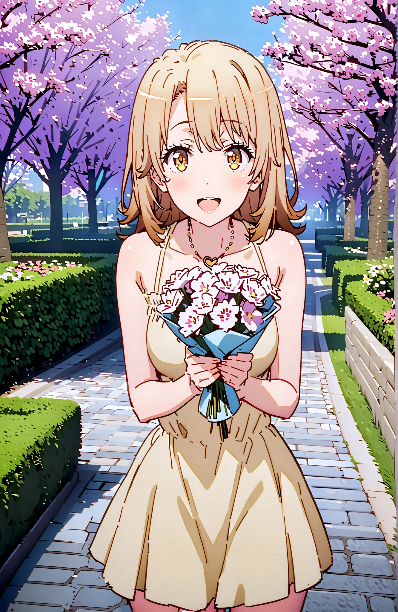 Irohaisshiki, Ishizaki Iroha,brown hair, brown eyes,
Yellow Off-the-Shoulder Dress,bare shoulder,Bare neck,Bare clavicle,heart shaped necklace,Medium Breasts Minnie Skirt Bare Legs,blush,smile,open your mouth,Holding a bouquet of flowers with both arms,standing, Flower blowing snow,cherry blossoms,spring, Beautiful Streetscapes,break outdoors,garden,
break looking at viewer,full body,
break (masterpiece:1.2), top quality, high resolution, Unity 8k 壁紙, (illustrations:0.8), (beautiful detailed eyes:1.6), Highly Detailed Faces,  perfect lighting on the table, extremely detailed CG, (perfect hand, perfect anatomy),