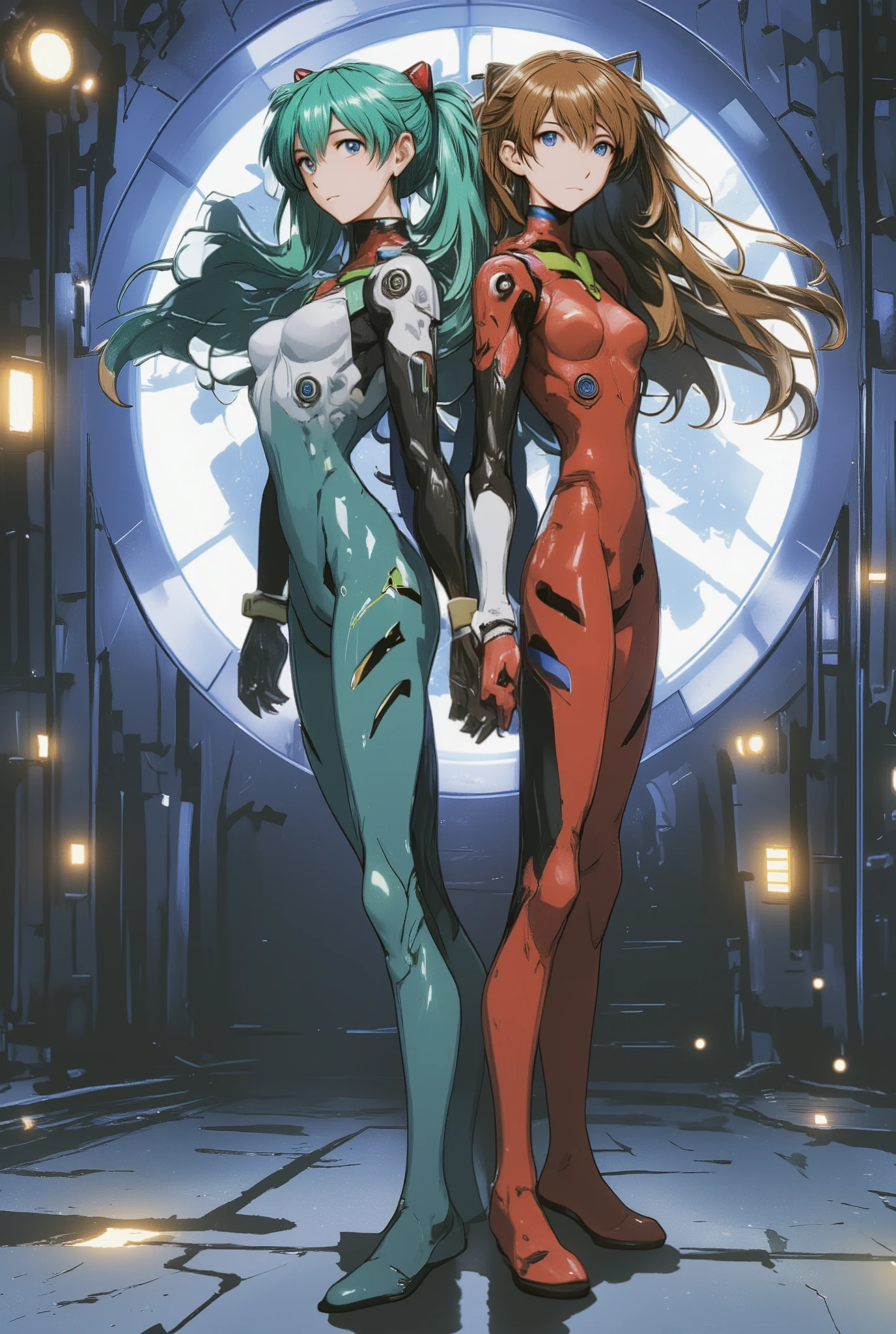 ( masterpiece、 top quality、 top quality、Official Art、 beautiful and beautiful :1.2) Hatsune Miku、light green twin tails, beautiful breasts,Hatsune Mikuとエヴァンゲリオンの Asukaのコラボ、 Asuka、Two girls are standing with their backs together、Beautiful harmony