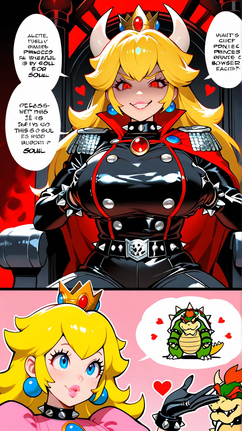 nsfw, cartoon, (solo evil fall princess peach), shadow queen, bowser peach, hellraiser outfit, (official art:1.4), amazing fine details, all intricate, gloss and shiny, awesome many layers, 8k wall paper, sketch, illustration, weird hair, boots, high heel boots, high heels, (solo, solo focus, ) +++,thigh boots, thighhigh boots, blonde hair,evil red eyes, fingerless gloves, gloves, tight clothing, evil grin, spiked bracelet, spiked armlet, spiked thighlet, spiked platform boots, spiked collar, belt, bangs, skintight, milf, full body, curvy, voluptous, chubby, big breast, (((((evil, dark persona, corruption, evil fall, bad end, )))), contrapposto, bimbo, wet pussy, areolae, piercing, blond hair, spiked armlet, earrings, dynamique pose, gyaru, bowser tattoo, slavegirl, chains, fishnet shirt, spiked ring, (intricate details:1.12), (intricate details, hyperdetailed:1.15), hdr, dungeon, (at night:1.2), fireplace, warm light, dramatic light, cinematic,creepy dungeon, dark aesthetic, goth aesthetic, creepy, ominous background, dark atmosphere, death atmosphere, green and red atmosphere, evil dungeon background, gothique