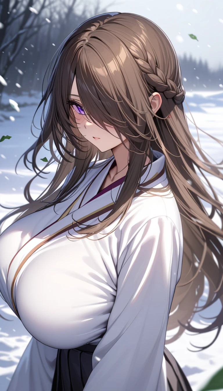 High resolution, high quality, 1 girl, anime girl, brown long hair, brown eyes,heart-shaped pupil, green glasses, tanned skin, big breasts,beautiful breasts, (important moment,Are standing,At the shrine,snow Road,