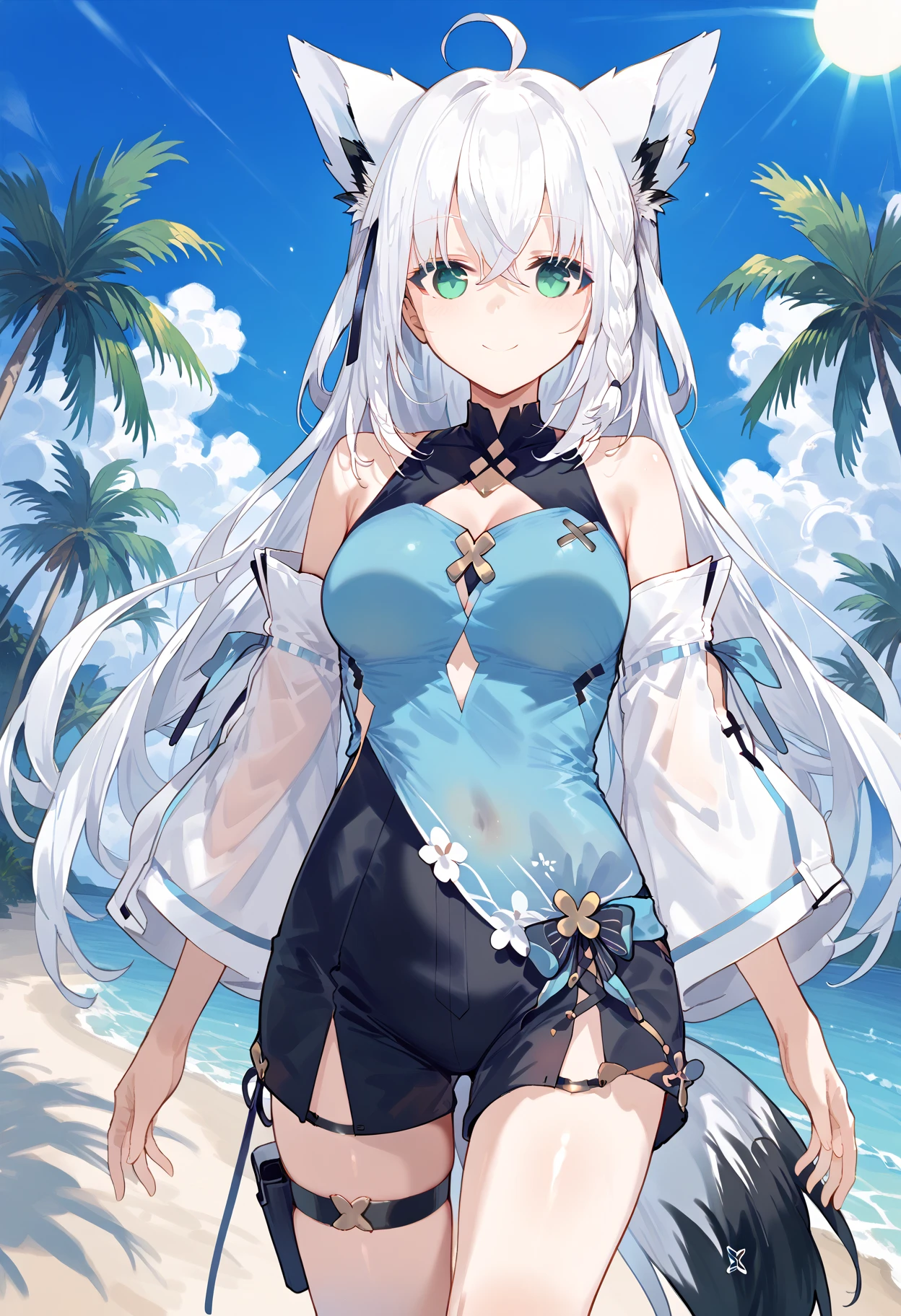 ((2D beautiful girl、top-quality、Perfect Finger 1.3、Perfect Anatomy 1.3、extremely delicate and beautiful illustration))、(Blur the background：1.2、cute petit girl、(transform sequence)、((White and blue swimsuit))、14years、a junior high school student、Slender beautiful girl、Fractal Art、baby-face、((stright long hair))、Beautiful big drooping eyes：1.1、A smile with a small open mouth、(Slender and beautiful legs)、（1 persons）、quiet sandy beach、is standing、pretty headband、