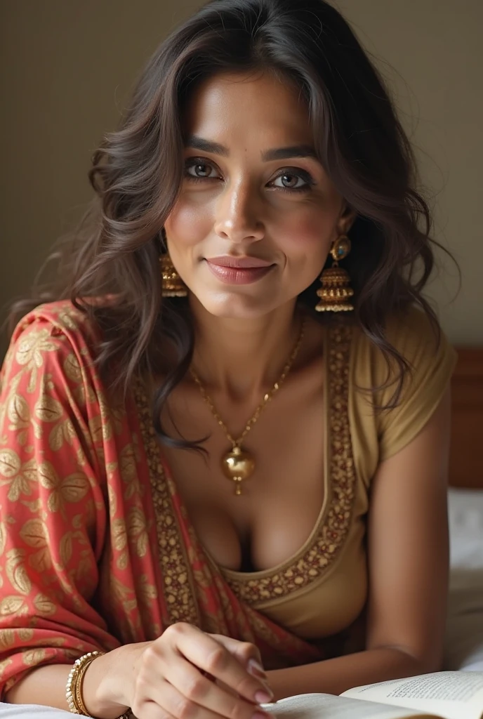 A brunette girl wearing Saree with curly hair and big breasts sits with her legs stretched out, taking a realistic photo