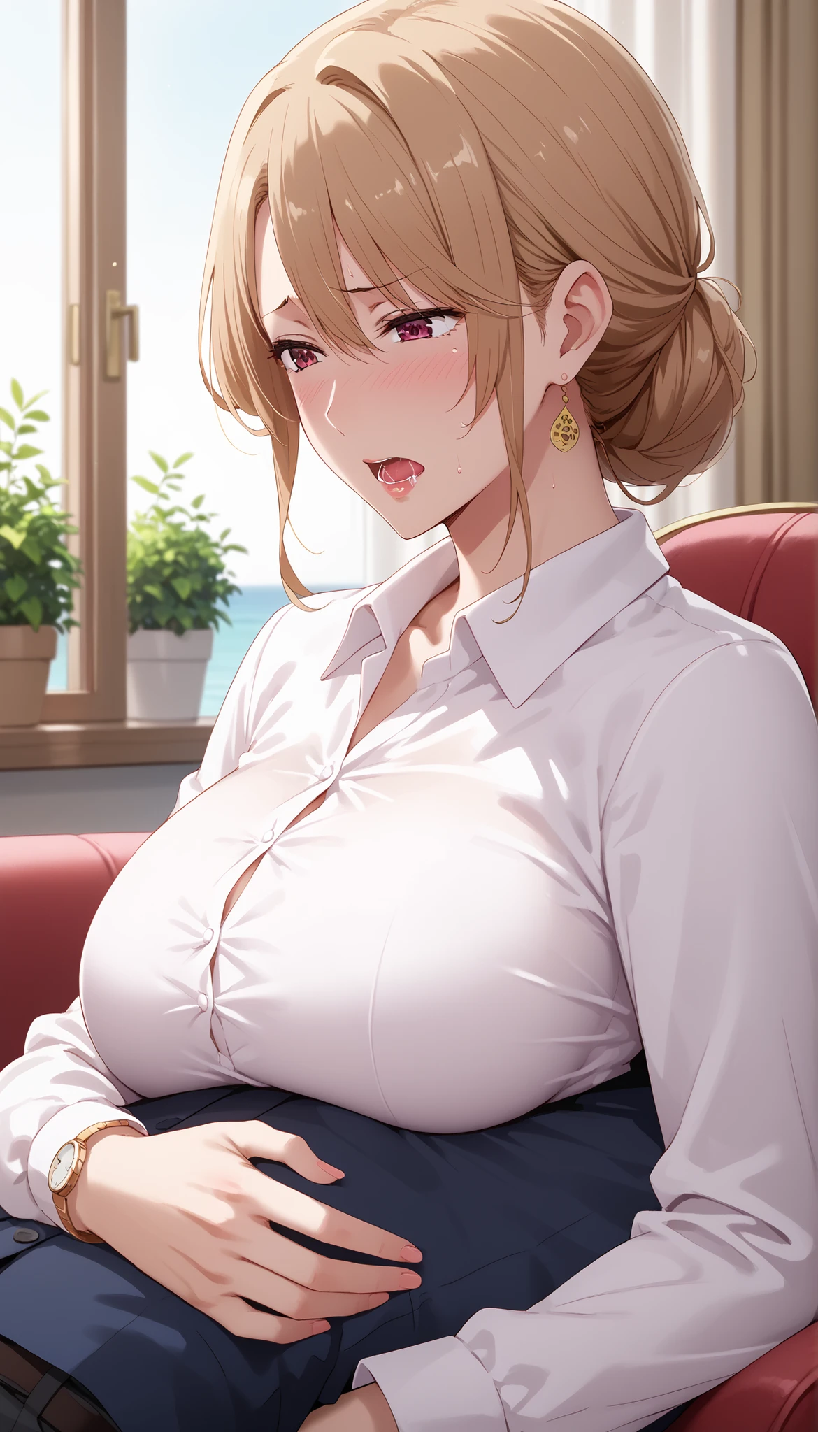 score_9, score_8_up, score_7_up, score_6_up, score_5_up, score_4_up, sauce_anime, tag1, tag 2, quality_masterpiece, is anatomically correct, beautiful face, perfect face, 非常に詳細でbeautiful faceと目, charming顔, Detailed Faces, Delicate Facial, 詳細な肌, huge breasts, sensual woman, mature woman, Mature Woman, maternal, charming, embarrassing, shy ass, frustrated, frown, open your mouth 、 With one hand 、 saliva is on the clothes、BREAK POV big erections under clothes, Close-up, upper body, from the side, watch viewers, (nursing:1.3), hand job, Faceless Men, erections under clothes