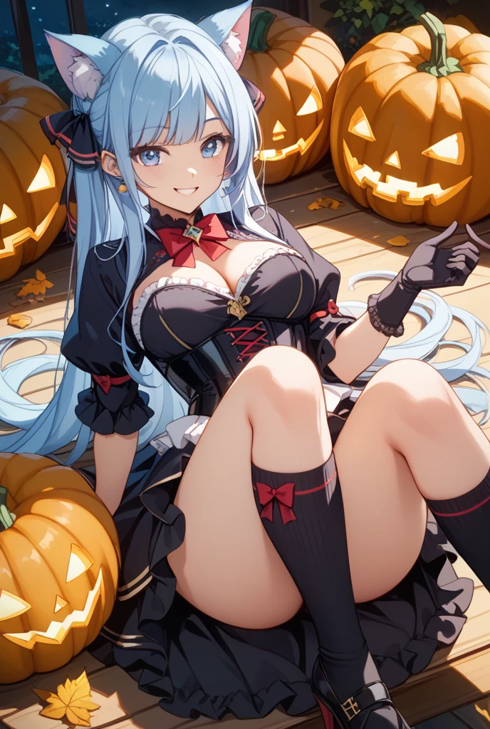 1 girl, game CG, see-through black dress, cleavage visible, navel visible, black panties, devil's tail, devil's horns, string hair ribbon, gigantic breasts, light blue hair, middle hair, two side up, blue eyes, halloween background,