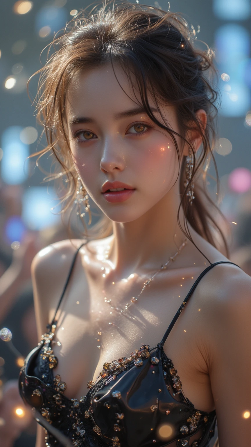 Head, complex 3d render ultra detailed, 1girll, Close-up of chest,boobgasm,cleavage,view the viewer, (PureErosFace_V1:0.6), 18 yo, Wet hair, Pure , Real human skin, Huge breasts, vibrant detail, Hyperrealistic, Beautiful background,rendering by octane, 8K, Best quality, Masterpiece, An extremely delicate and beautiful, Extremely detailed ,CG ,Unity ,the wallpaper, (Realistic, photo-realistic:1.37),Amazing, finedetail, Masterpiece,Best quality,offcial art,1girll,Smallleaf Maghrou, 1girll,Colorful glow, 1girll, Aeris_Bubble, Bare_bshoulders, crossbeam_eighth_Notes, crossbeam_sixteenth_Notes, Bikini, black_Eyes, black_Hair, Breasts, Bubble, cleavage, clavicle, eighth_note, jewelry, Long_Hair, mediating_Breasts, musical_note, nase, Off_Shoulder, Red_Lips, Solo, swim wears, The upper part of the body_Body,