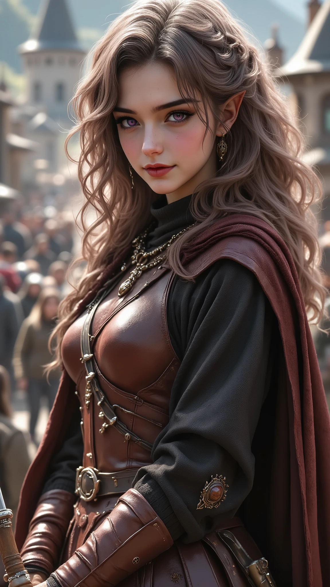 full body,Elf girl with curly rose gold hair、violet-colored eyes、 Bright Eyes ,pointed ears、釣り上がった Bright Eyes ,BIOLOGICALLY CORRECT、smile、medieval reddish brown leather armor、Dark brown cloak ,does not reveal skin,fine skin texture、long hair、Light、reflection、beautiful legs , great detail of body and face in a 官能的な and erotic pose. detailed depiction of background and environment, red lips, Long loose hair, hold a bow, dark hair color,tower in a rural town in the background,Bird's-eye view,Lean out from the,Ultra Fine,