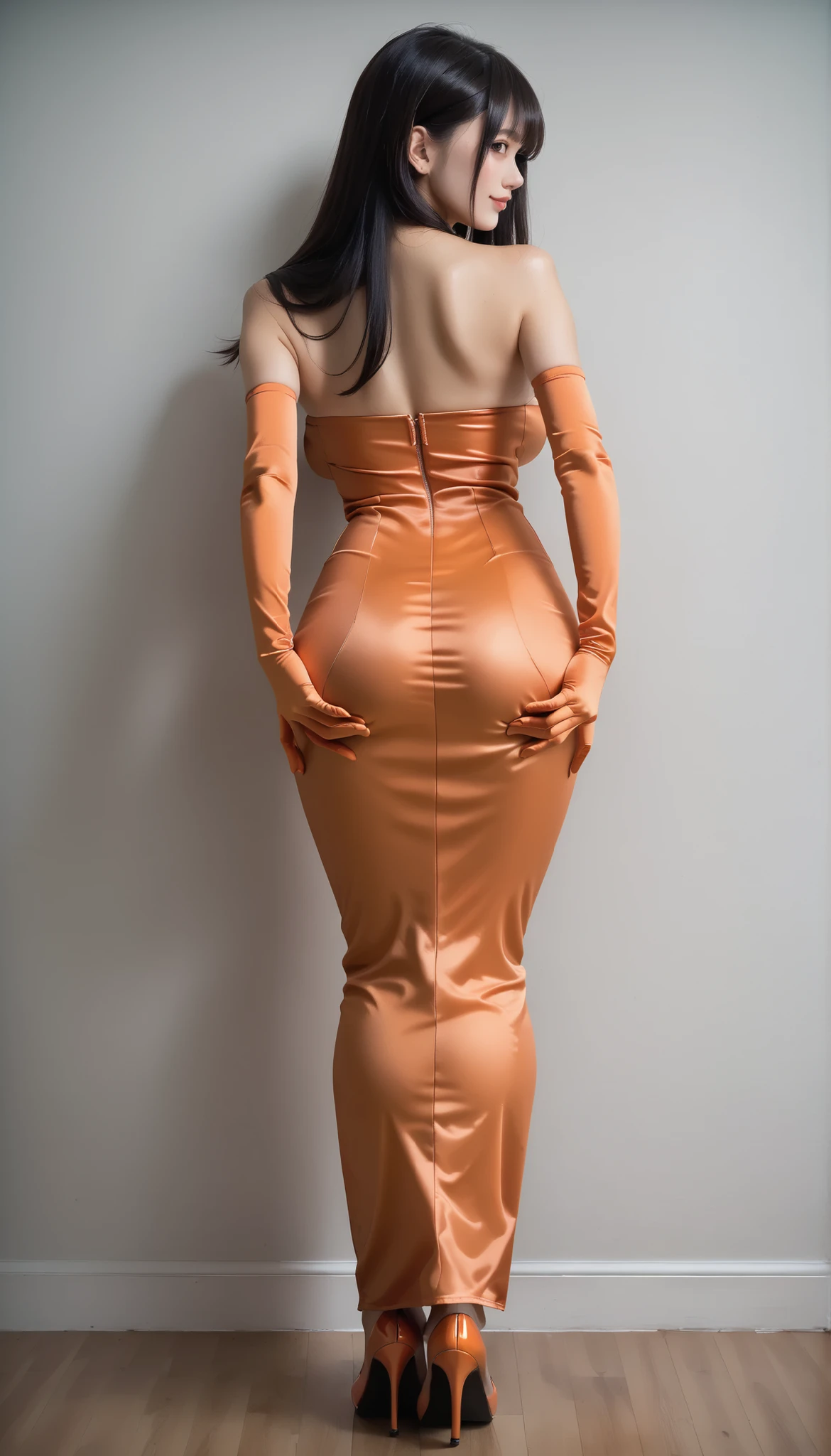 high resolution , 32K, masterpiece , top quality , Beautiful face and eyes with attention to detail , beautiful Japanese woman , Big Breasts, black hair, long hair, seductive smile,(Orange Tube Top Bodycon Long Dress:1.2),(Orange Mermaid A-Line Long Skirt:1.2),(Orange Opera Gloves:1.2), red high heels,garter stockings,(putting hands on the wall showing your back:1.5),( Point your butt towards you:1.5),(focusing on the whole body:1.5),beautiful back,Leaning forward in a mid-waist position