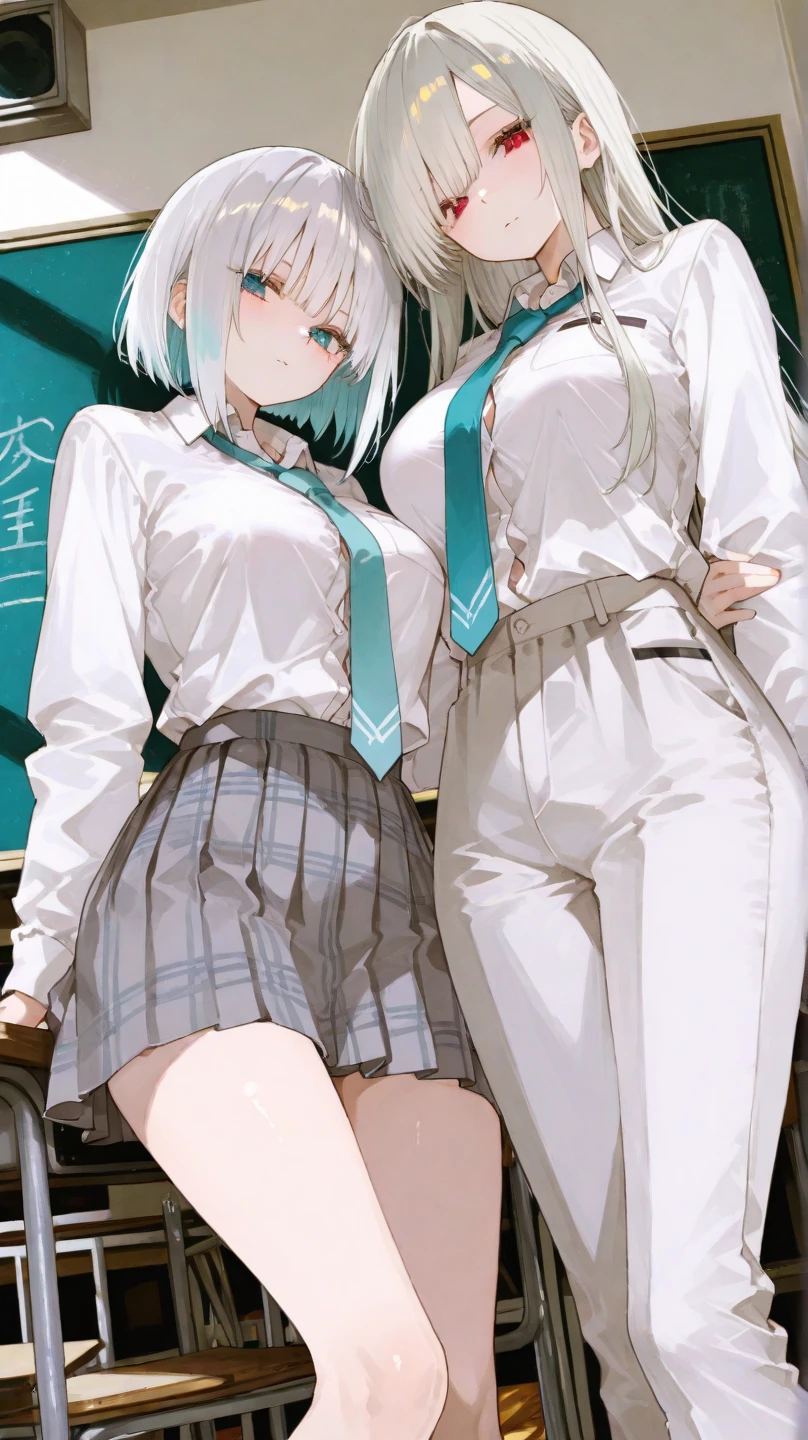 ((Masterpiece), Top Quality, Girl, (High School Uniform), , Silver Shorthair, Blue Eyes, (Skirt Deflected), (White Panties), (Small), Perfect Anatomy