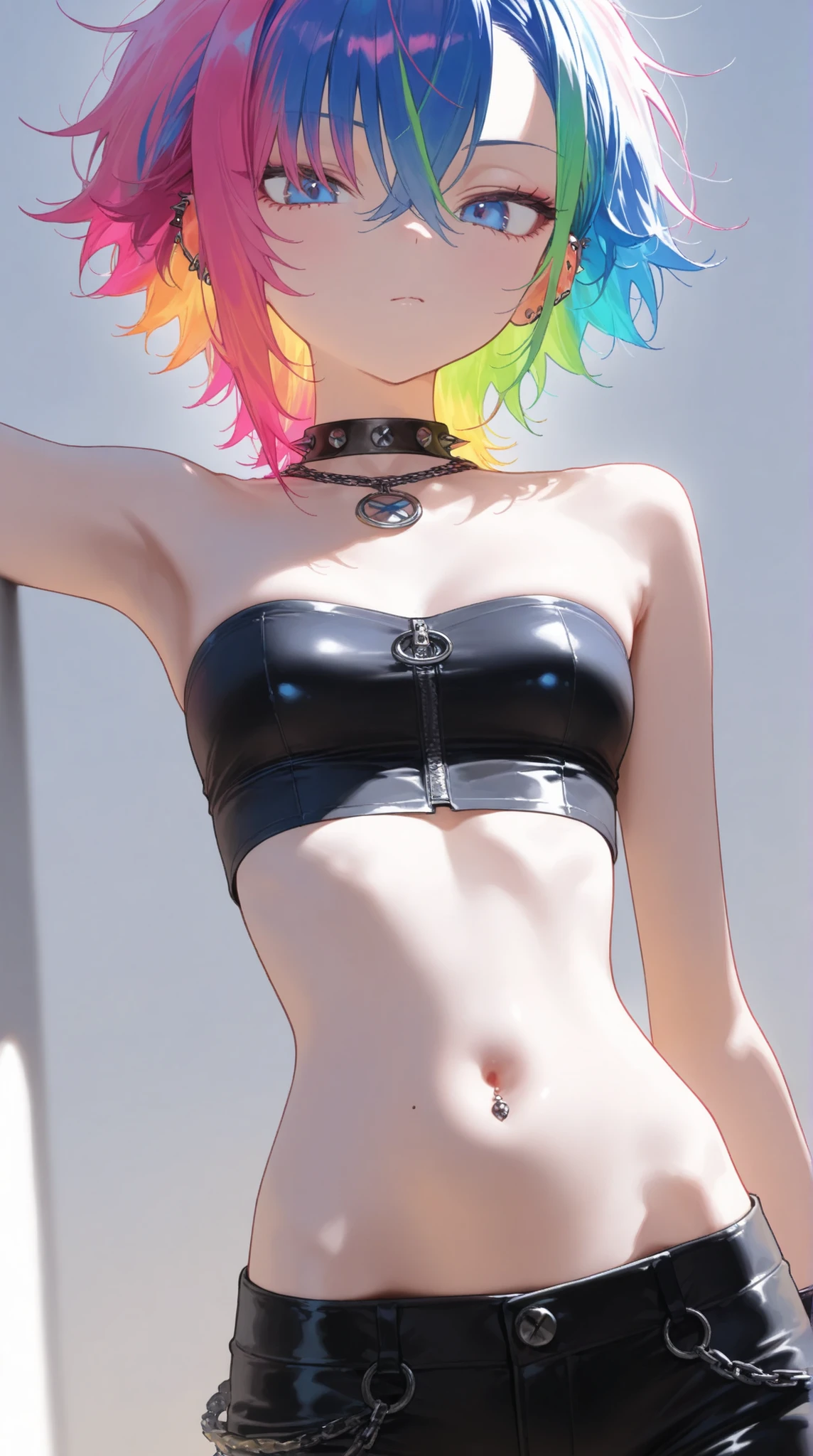 crop top strapless tube top, belly button, Slim waist, tight pants, punk fashion, Colorful Hair,