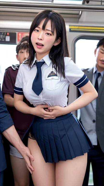 (Sexy idol with gentle attractive Japan and beautiful very young face),Grab from behind、、(Schoolgirl in sailor suit)Grabbing your butt from behind on a crowded train)、(Pleated skirt with roll-up)、Omeko Beautiful Girl1a person、((A man grabs a schoolgirl buttocks from behind:1.4))、((((molesting))))、Touching your buttocks from behind on the bus、red blush、(((sexual act、erotick)))、((Skirt flipped up、I can see panties))、High twin tails、high-level image quality、realisitic、(((agony、angry expressions)))、(((Touching multiple guys in the chest or crotch:1.5)))、grabbing on breasts(((On a crowded train)))、((、Cowgirl)),((Sexy horizontal striped panties)),Turned、NSFW、Buttocks exposed、