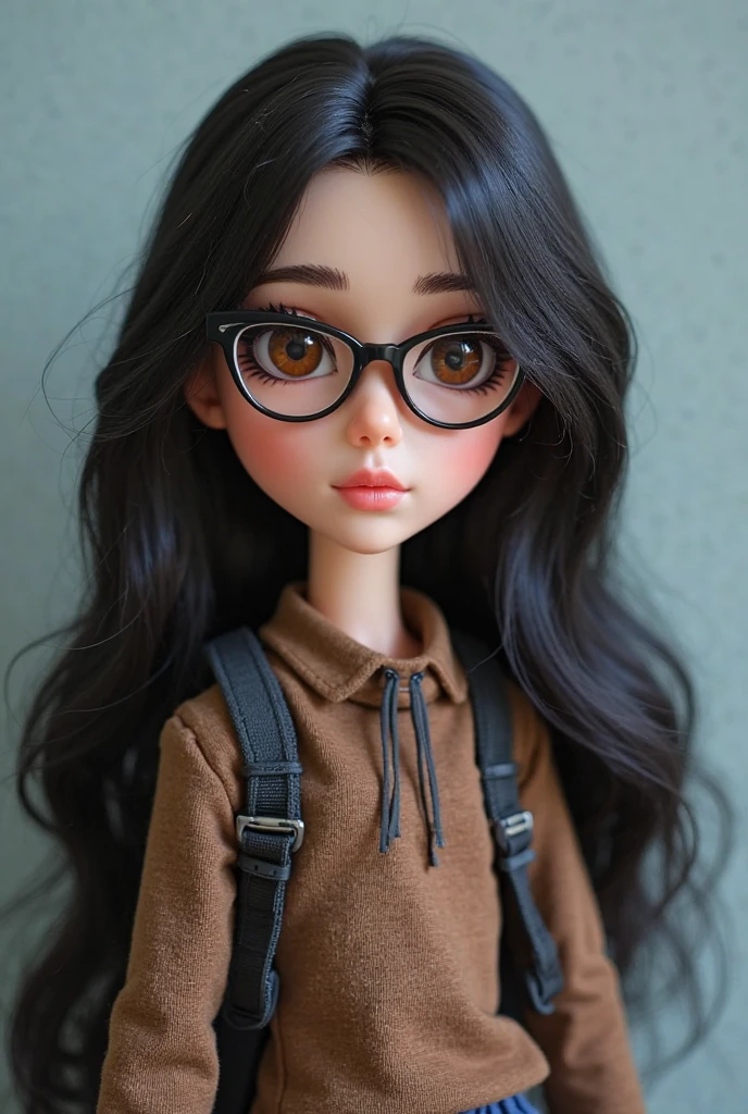 Create a Asian Blythe doll with black hair and soft bangs , round glasses , dark brown eyes