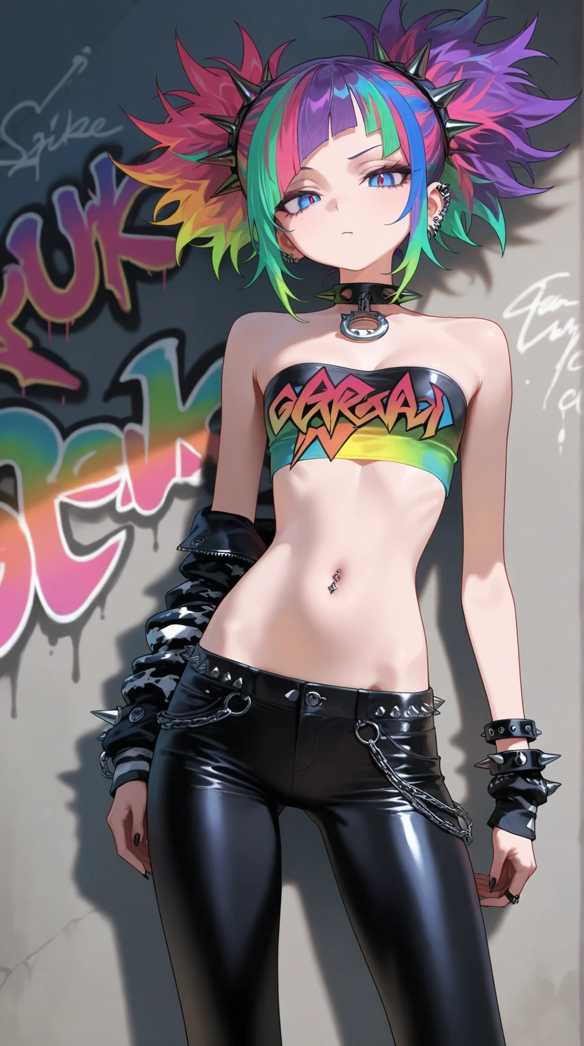 crop top strapless tube top, belly button, Slim waist, tight pants, punk fashion, Colorful Hair, search, zipper, spike accessories, graffiti