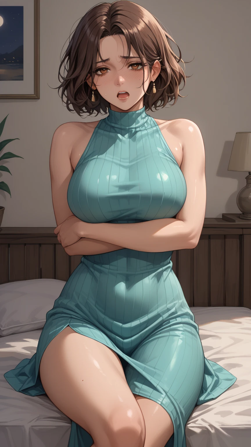 masterpiece, best quality, 1girl, (((latina skin))), short hair, ((tanned skin: 1.3)),solo, (wearing: boxing undewear, slave collar, transparent t shirt),old wall background, sitting, warm lighting, clenching teeth, annoyed, head tilt, looking to the side, gigantic breasts, breast focus, bare breasts, hand in panties, Detailed face, Detailed eyes, Detailed face, perfect eyes, perfect face, spreading legs, presenting