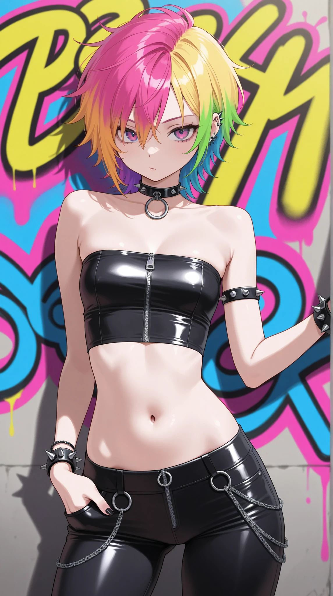 crop top strapless tube top,  belly button,  Slim waist, tight pants, punk fashion, Colorful Hair, search, zipper, spike accessories,   graffiti