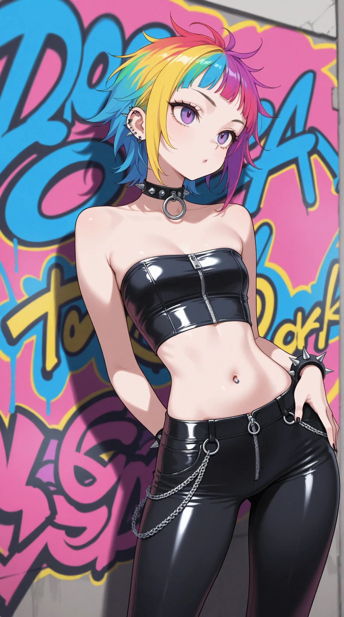 crop top strapless tube top,  belly button,  Slim waist, tight pants, punk fashion, Colorful Hair, search, zipper, spike accessories,   graffiti