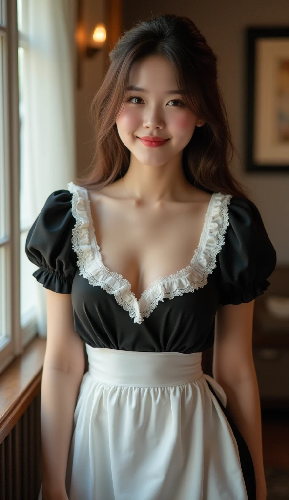 1 girl, alone, looking at the viewer, dark blonde long hair, hair is tied up, ((maid dress, sheer dress)), brown eyes, Coastal rocky background, small breast , smile, sitting, realistic, masterpiece, 最high quality, high quality, High resolution,