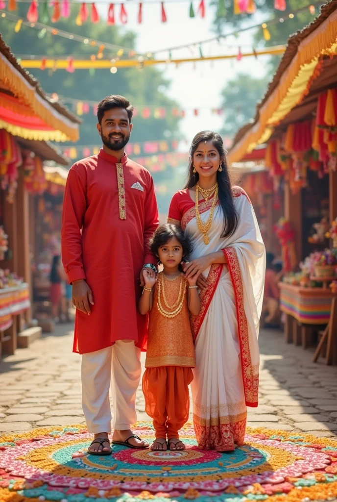 (Bengali parents with children) father wearing  kurta &  spects on his eyes, his wife (Bengali) wearing saree, with their children at Durga puja festival 