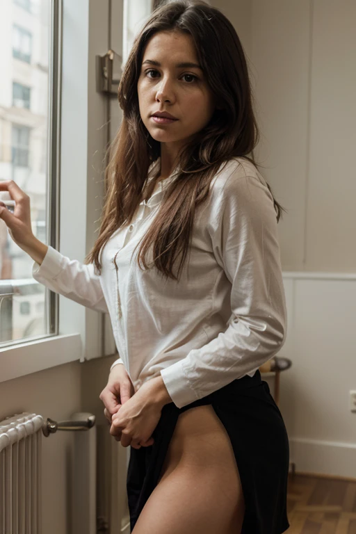 Real photo, high resolution,solo, woman 45 years old, sitting on a chair in front of a window in a room, american woman, thin face, sexy face, black long bob hair, open mouth, small saggy brests, deep clevage, open white shirt, small waist, wide hips, big butts, thick thighs, bowing, on a desk, sat at her desk, seductive , on a desk, cute elegant sexy pose, somewhat bent over
