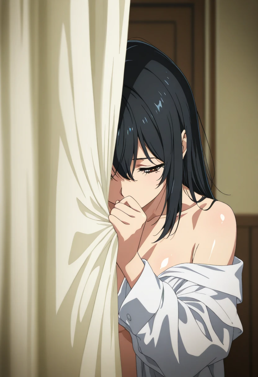 masterpiece, best quality, very aesthetic, movie quality, depth of field,soft saturation, focused subject, anime screenshot, anime coloring,official style, shiny skin,
1girl,solo,oversized clothes,naked shirt,off shoulder,head down,looking at viewer,hand to own mouth,curtain grab,peeking out,hiding,upper body,indoors,curtains,