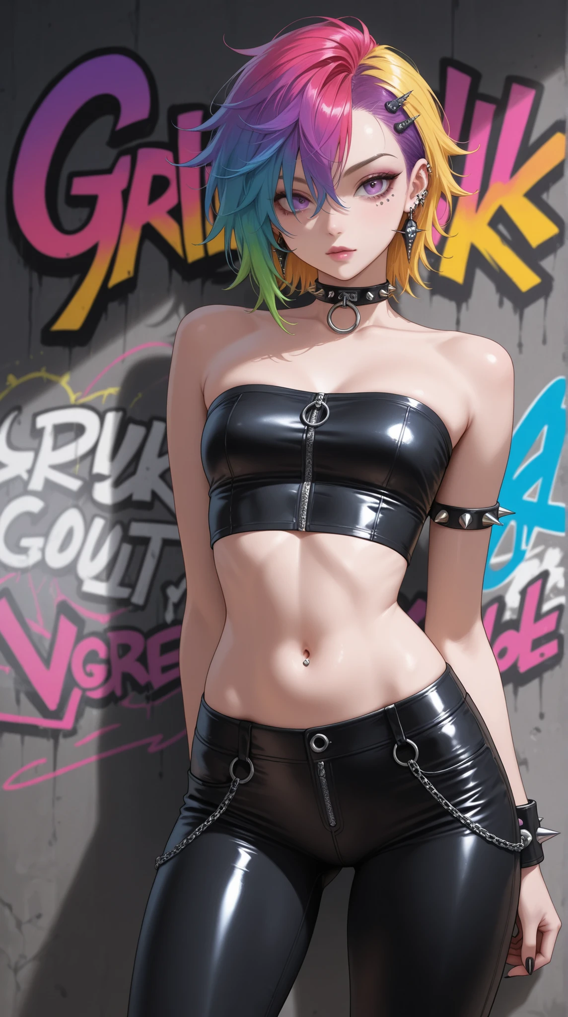 highres, masterpiece, perfect lighting, bloom, cinematic lighting, adult, female, looking at viewer, (RSEEmma:1.5)small breasts, blunt bangs, green hair, twin buns, oversized glasses, (piercings, tattoos), full lips, :), smile edgpshorts, wearing edgpshorts, Rebellious, punk rock woman, raw confidence, defiance, edgy fashion, torn fishnet stockings, leather jacket, studs, multi-colored mohawk, vibrant, peacock's crest, dimly lit urban alleyway, graffiti-covered walls, gritty atmosphere, piercing gaze, smudged eyeliner, determination, nonconformity, striking symbol, punk subculture's spirit