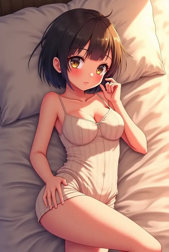 (masterpiece, Best Quality:1.2), absurdities, perfect anatomy, owtech, stylized, 1 girl, full body, looking at the viewer, blunt bangs, Focus only, Soft lighting, (green_eyes), black thighhighs, sana_kuranaka_onichichi, short_hair, brown_hair, blush, hair_ornament, hairclip, breasts, dakimakura, lying in bed,