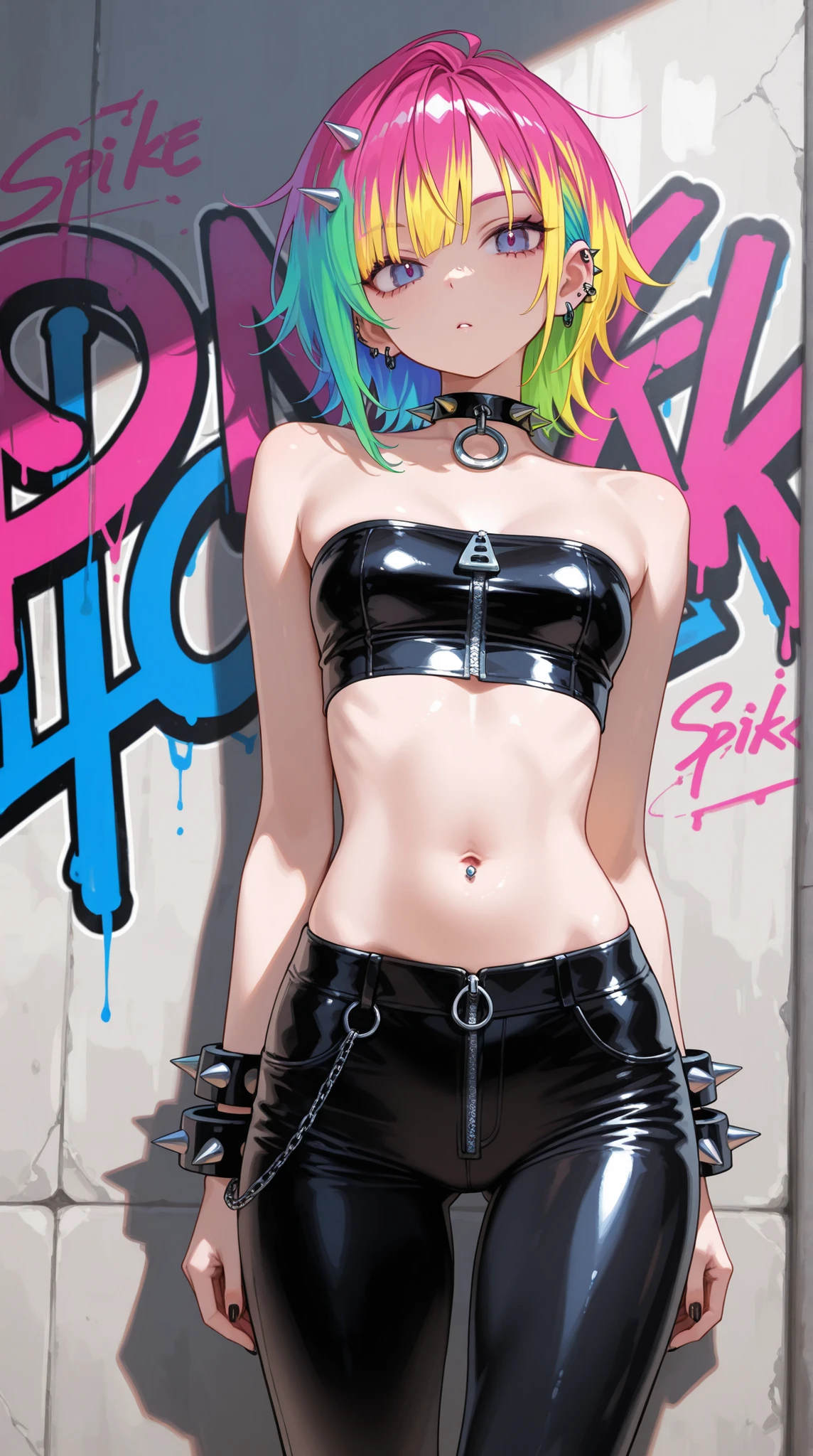 crop top strapless tube top, belly button, Slim waist, tight pants, punk fashion, Colorful Hair, search, zipper, spike accessories, graffiti
