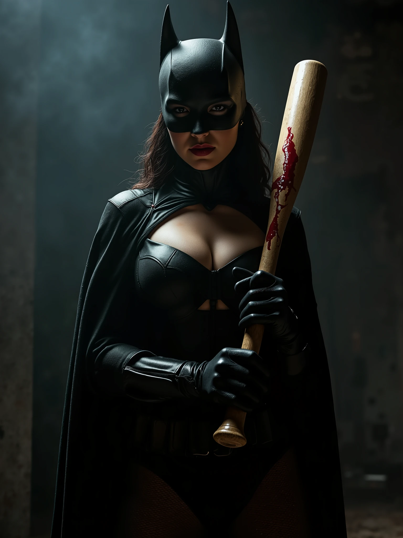 badass bat woman, dark suit, age 20, 44dd breasts, holding a bloody baseball bat with two hands, cinematic lighting, dramatic pose, dark and moody atmosphere, photorealistic, high resolution, 8k, intricate details, dramatic chiaroscuro, film noir style, digital painting, dark fantasy, dark gothic, dramatic shadows, strong contrasts, intense colors