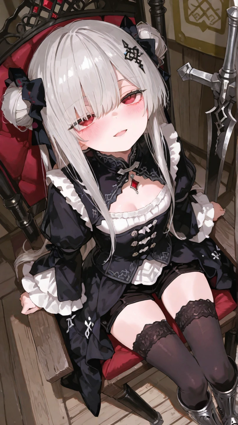 score_9, score_8_up, score_7_up, source_anime, <lora:Fixhands_anime_bdsqlsz_V1:1>, <lora:Expressive_H:0.5>, Expressiveh, masterpiece, highres, ultra detailed, best quality, extremely detailed face, perfect lighting, 1girl, solo, , beautiful skin, shiny hair, tsurime, shiny eyes, dark red eyes, long hair, hime cut, large breasts, cute, parted lips, platinum hair,  [closed eyes: (empty eyes:1.3):11], blush, (tears:0.6), open mouth,   saliva, saliva trail toes, one leg forward, legs focus, close-up, light blush, v-shaped eyebrows, sitting on chair, from front, from above, looking at viewer, gothic architecture, <lora:military uniform_pony_V1.0:0.8>, jyojifuku,m dress, hat, belt,gloves,black dress, black footwear, long boots,
