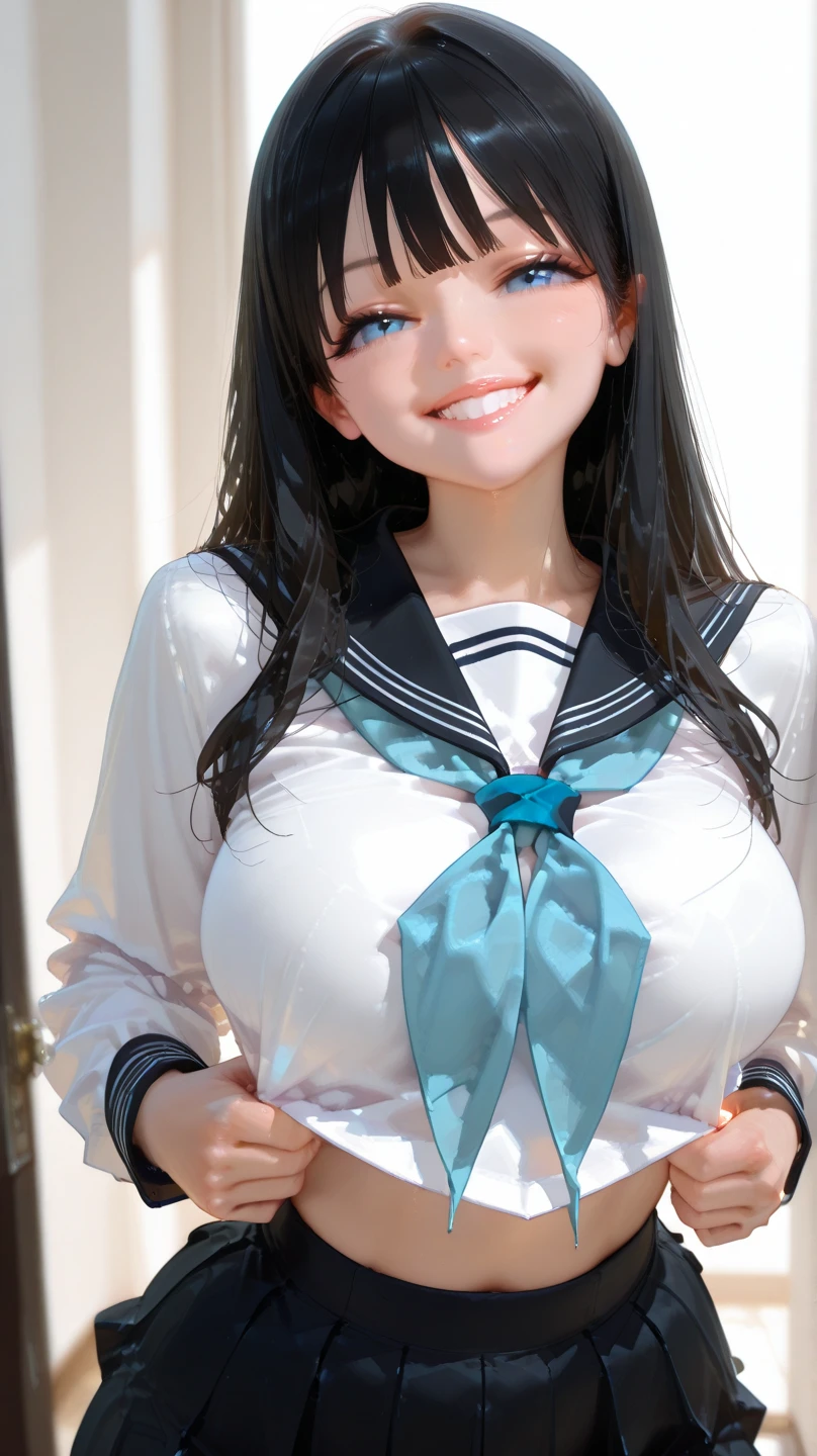 (In 8K, 超A high resolution, highest quality, table top:1.1),(18-year-old:1.1)、(avert your eyes)、In 8K、Japanese girl raw portrait、Photoreal、超A high resolution、highest quality、 (pretty big breasts、pretty big breasts、Tight slender body、hide all breasts:1.25)(sailor suit、navy pleated mini skirt:1.28) (high school girl、Make sure to cover all your breasts、black straight hair、 So cute、cute smile、ネイビーミニスカートsailor suit、20 denier black stockings:1.7)walk along the path by the sea、Plump、Super big breasts、Super big butt camel toe、huge tit、Nipple Puffs、cleavage、