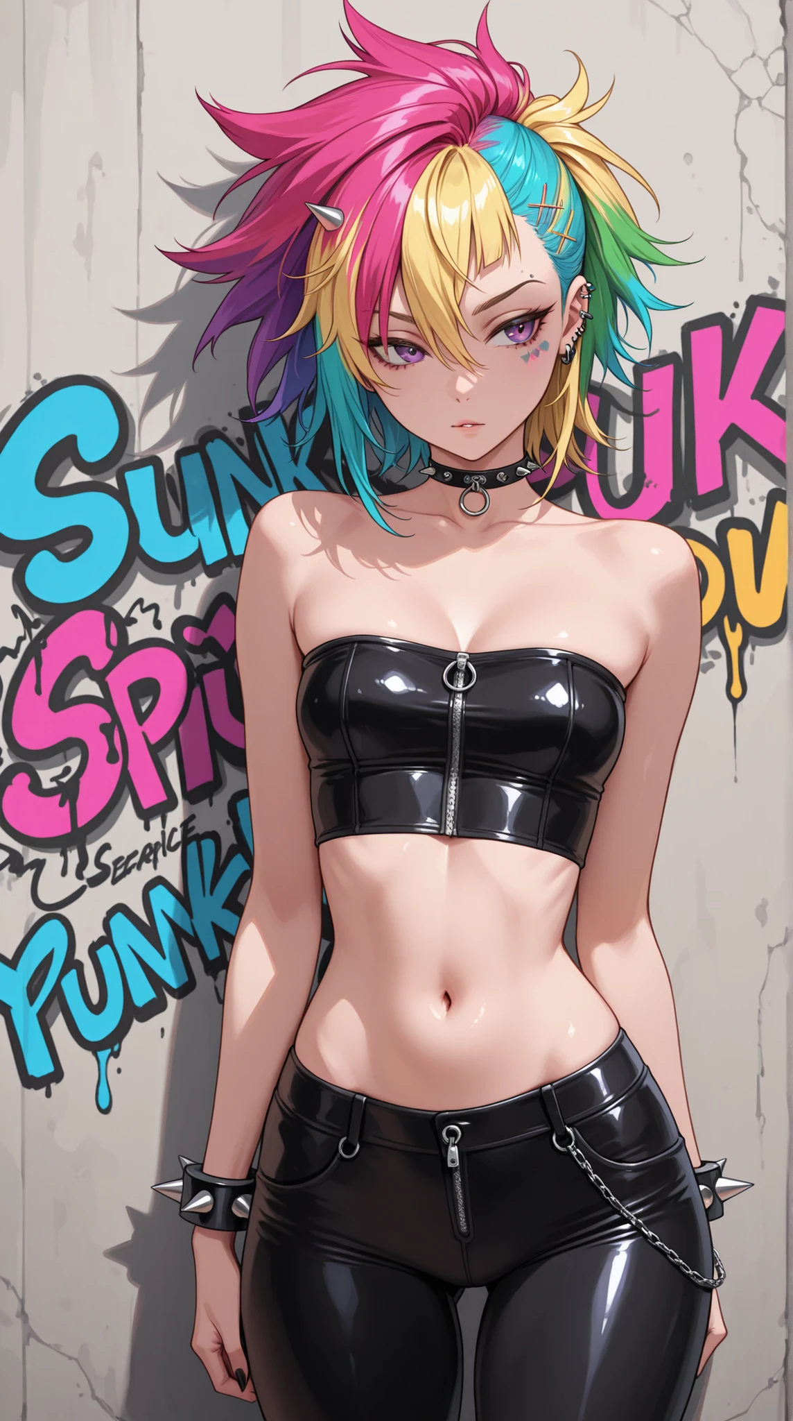 crop top strapless tube top,  belly button,  Slim waist, tight pants, punk fashion, Colorful Hair, search, zipper, spike accessories,   graffiti