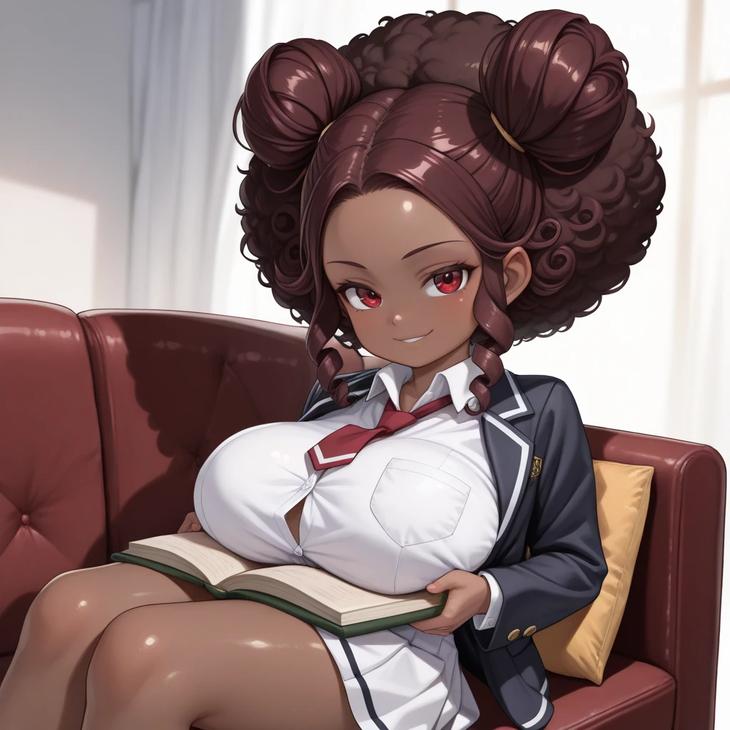 (masterpiece, best quality, hires, high resolution:1.2), (beautiful, aesthetic, perfect, delicate, intricate:1.2), (depth of field:1.2), (1girl, solo), (dark-skinned, dark skin, black skin, ebony:1.4), (sexy teacher), (eyeliner, eyelashes, eyeshadow, glossy lips), (afro hair:1.4), (huge breasts, cleavage), (ornate delicate bra), (choker), (open white shirt), (brown pencil skirt:1.3), (belt), (lace stockings), (at laboratory), blackboard, (cowboy shot:1.4),
