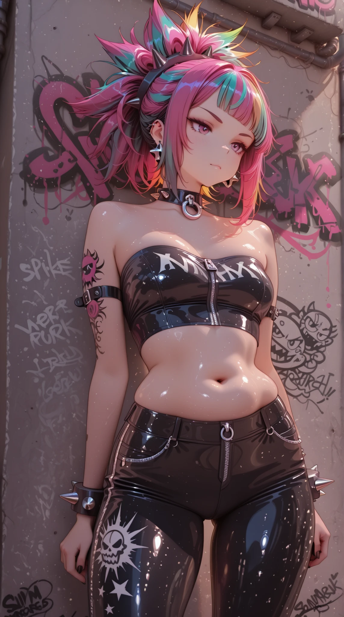 crop top strapless tube top, belly button, Slim waist, tight pants, punk fashion, Colorful Hair, search, zipper, spike accessories, graffiti