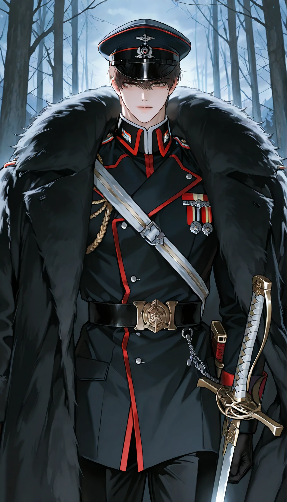 4k , 8k , (only 1male short Raise hair brown hair brown eyes) , short hair style , ((no hair bang)) , fancy environment, ((black fur coat, noble military uniform, military cap, black pants, sword)), novel , manhwa , handsome man , very details , hair details , very anime eyes details , ตรงตามกายวิภาคมนุษย์ ,ร่างกายสมส่วน , korean , six pack , cool , anime eyes , bright light in eyes , half body focus , good figured muscle , cool , adult , only one man , no smile , long shot , standing ,only 1 man, (fantasy battlefield background)