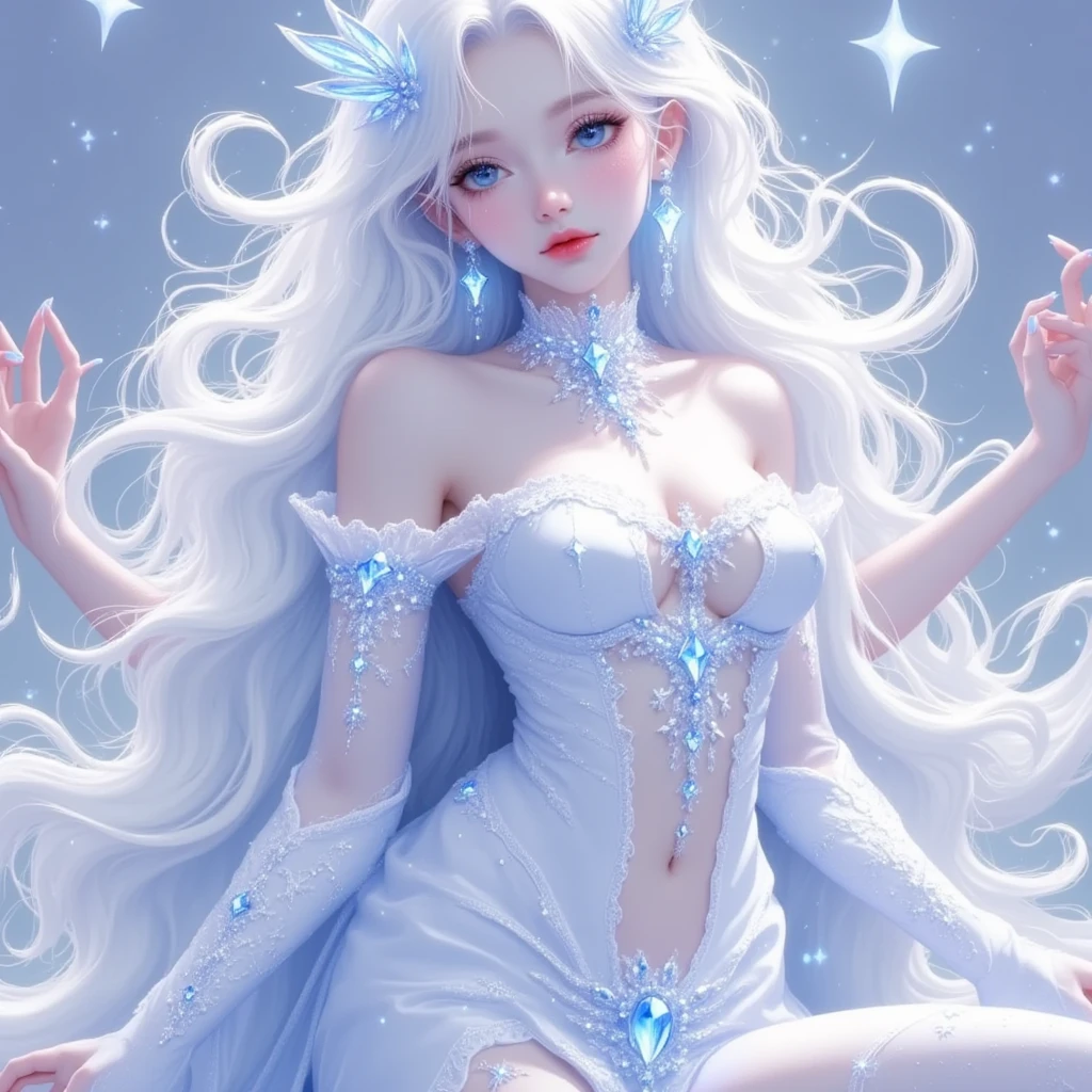 (Masterpiece - Ultra-Detailed, High Resolution) There is a white unicorn girl, blue mane and long mane, white unicorn, unicorn, unicorn horns, A unicorn, celestia, Nine stories, blue unicorn, soft dreamy, cinematic light《fangs》Unicorn in, mythological creatures, a mythical creature, Pokémon illustration, unicorns, a glaceon princess, white dress, opal eyes. Auroracore, ghostly iridescent, image good for rendering, sitting on the water. unicorn girl, full body, holding a crystal unicorn
