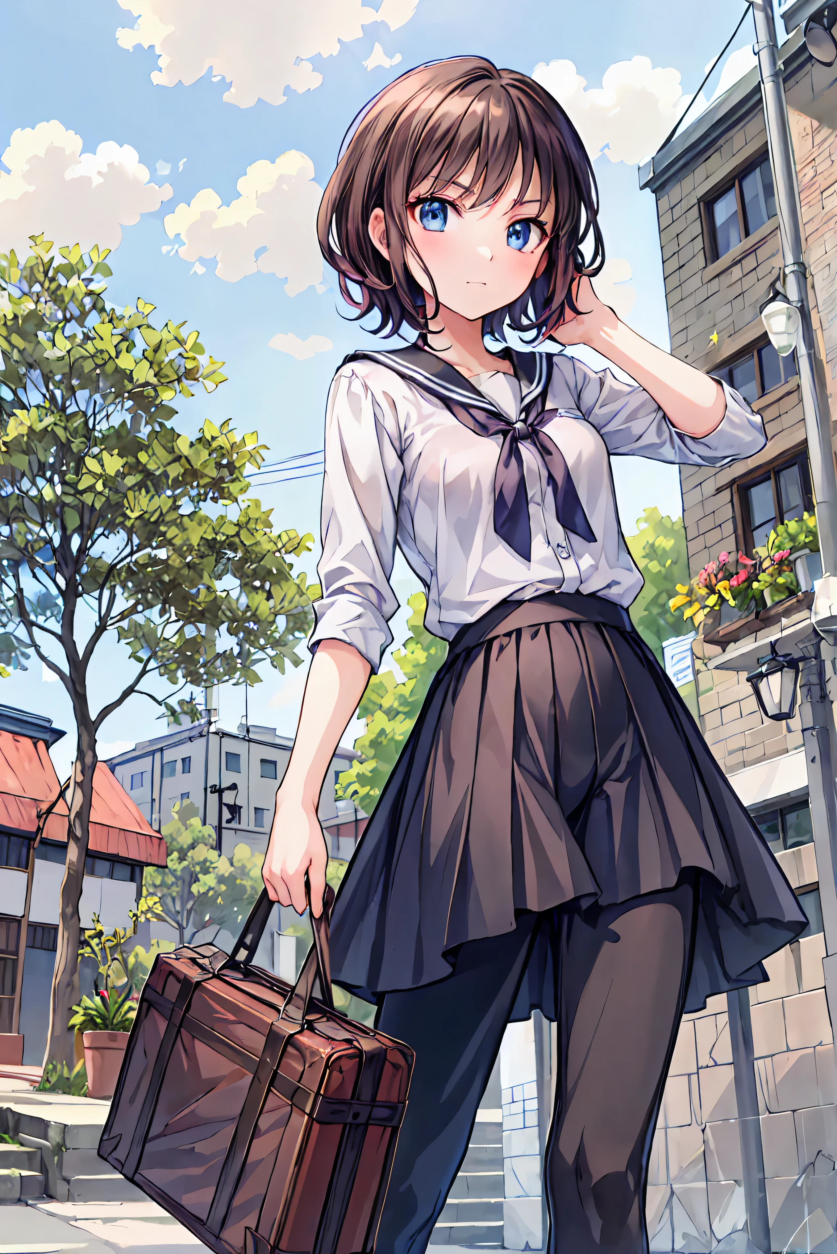 (((masterpiece))), (anime:1.5), ((top quality)), (RAW photo:1.2), (high resolution:1.3), (professional photoshoot:1.2), ( Color Difference), one girl, (()), (Serious), watching the audience, Plain Shirt, disheveled hair, medium hair, (Put your hands in your pants), ((Take off your work pants)), ((from below:1.2)), from behind,(small breasts), Cute waist, outdoor, Walking around with a large brown suitcase,brown hair,shortcut,messy hair, short braided hair, Neat , slender beauty ,Dignity,small breasts,beautiful legs,Her enchanting gray-blue eyes sparkle like stars,bright colors,Beautiful Eyes,A delicate smile,textured skin,top quality, gentle and beautiful woman ,anime風、black camisole