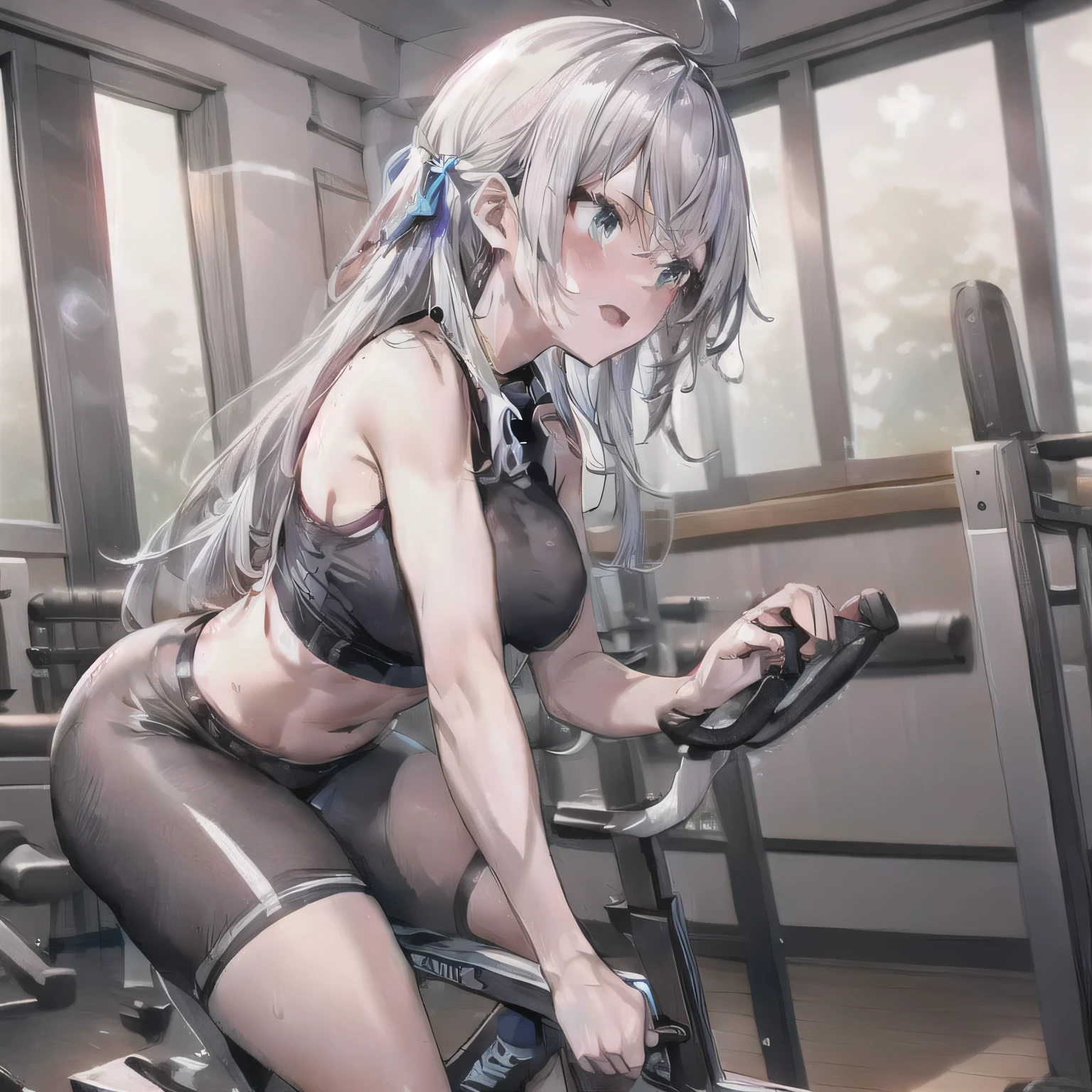 ((Finest quality)),(超A high resolution),(ultra-detailliert),(Meticulous portrayal),((Best CG)),(Finest works of art),Ultra-Precision Art,The art of astounding depiction, (1人の女性:1.5),White sports bra:1.5,(Wet and sheer skin),Glamorous Body,huge tit:1.5,(Wet and sheer skin:1.4),fine-grained skin,toned belly,dishevled hair:1.5, Cycling Machine:1.5
