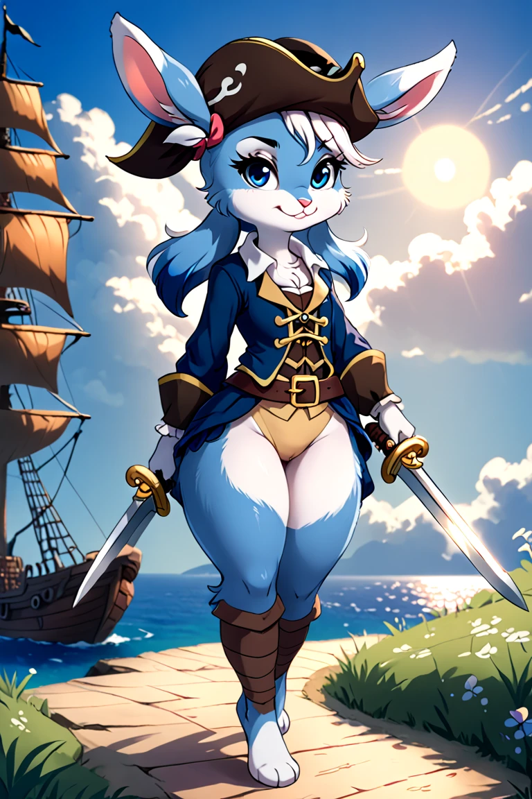 One, check_9,check_8_up,check_7_up, source_cartoon, Catboat, Anthro furry feline, Female, Short slender body, длинные светлые hair, Длинные грязные hair, hair, closing one eye, pink nose, Blue eyes, white sideburns, silver fur, gray stripes, furry body, Short, young, about 6 months years, in a blue blouse with ruffles, brown skirt, looking down, furrowed brow, Brown boots, night, to walk, hands tied together, руки связаны ropeми, Side view, rope, tied to her wrists, to walk down a nature path, on open air, Soldiers in the background, lesbians, excellent quality, high details, super detailed detail, Ultra Clarity, 4K, Bare ass, juicy ass, Beautiful waist, smiling at the camera, arches his back