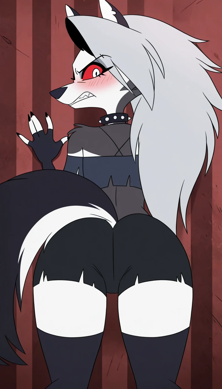 score_9, score_8_up, BREAK, source_anime, uncensored, perfect body, slim, thigh highs, fingerless gloves,
anthro, furry, pose, sexy,
Loona \(Helluva Boss\), NSFW, nude, moaning, back to viewer, head back, anthro male maned wolf with long spiked white hair and black face, highlighter yellow penis, blushing, high detail, happy, removing panties, satisfied expression, blowjob, male biting lip, male standing