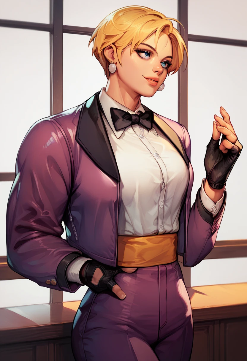KingKOF, small breasts, short blonde hair, blue eyes, bow, fingerless gloves, purple pants, yellow belt, white shirt,purple blazer, looking at viewer, smiling, standing, medium shot, outside, city, street, night time, snow, high quality, masterpiece, <lora:KingKOF-DocStasis:.7>