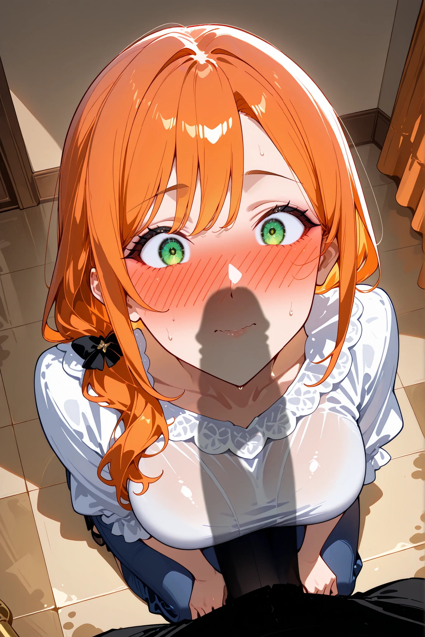 1girl, mature woman,orange long hair, green eyes, kneeling on the ground, in a beedroom , with her hands delicately resting on her lap. She has a soft, mouth full open, Her body language is graceful and relaxed, giving a sense of warmth and innocence. She looks slightly to the side, with a hint of blush on her cheeks, embarrassed face,creating a sweet and tender atmosphere, shippshadow, penis shadow, 1boy, silhouette, penis awe, over her face.