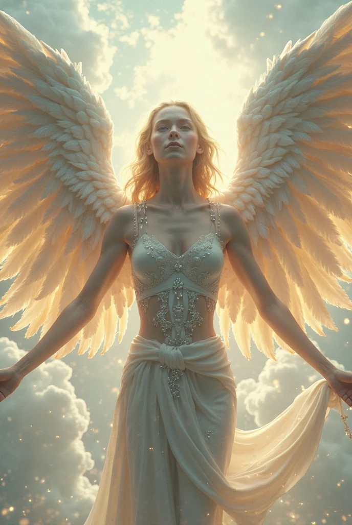 beautiful female angel with green eyes facing forward with huge wings looking forward, in the background the entrance to heaven