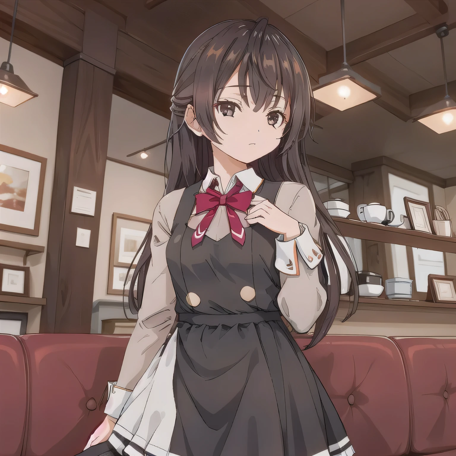 A girl is working as a waitress in a cozy cafe. She's wearing a classic maid outfit. The air feels warm and calm, and it's like you can almost smell the coffee through the picture. Long hair, dark hair, brown eyes.