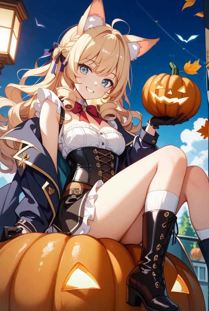 (masterpiece:1.2)、top-quality、hight resolution、unity 8k wall paper、(illustratio:0.8)、(beatiful detailed eyes:1.6)、extra detailed face、Perfect litthing、Highly detailed CG、(Halloween)、 (perfect hand、perfect anatomia)、Opening legs From below From the ground Cosplay Girls Underwear pattern Look away and peek