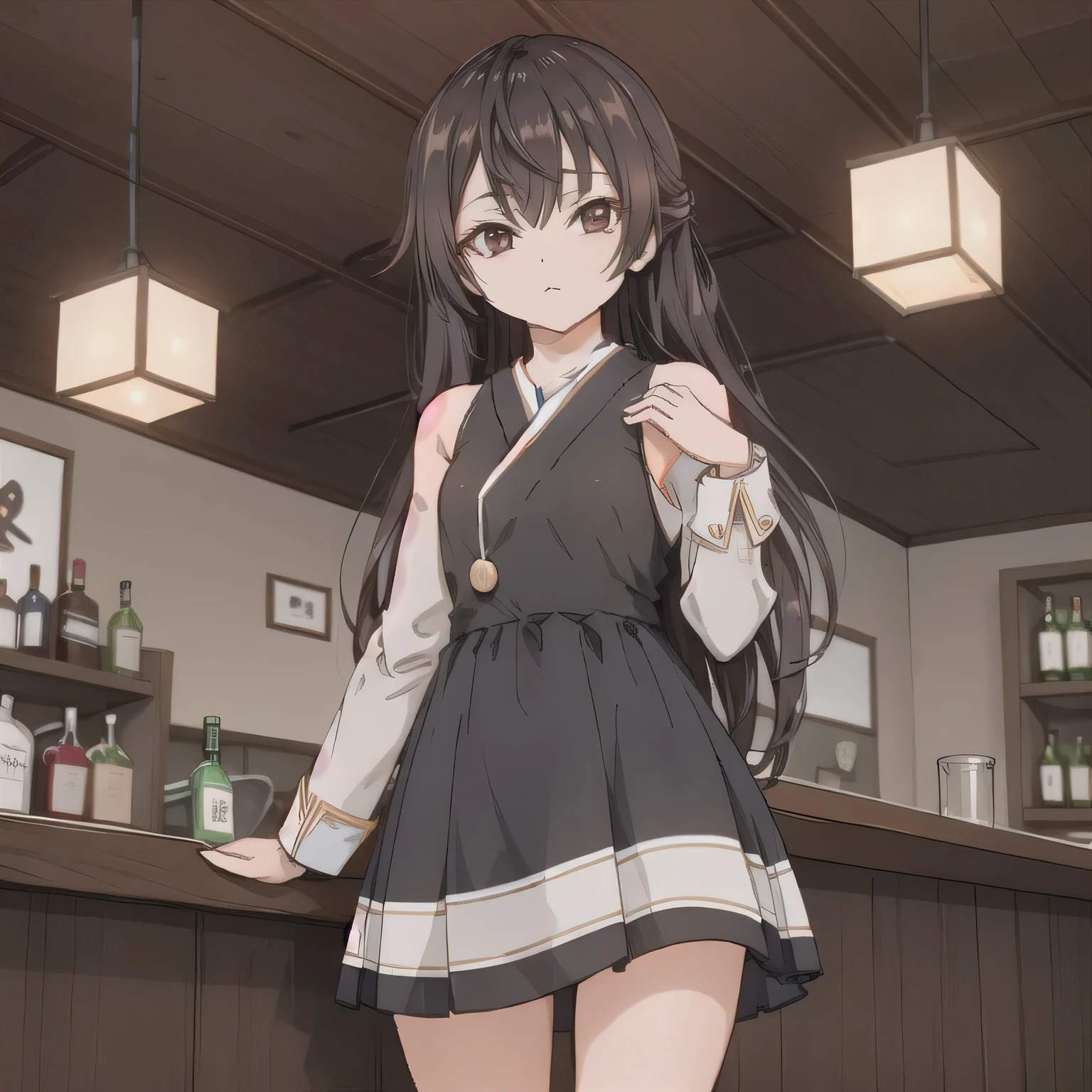 A 2D anime-style illustration. The scene is set inside a dimly lit, cozy Japanese "snack" bar. The lighting is soft and warm, with gentle shadows creating a relaxed, moody atmosphere. Bottles of liquor line the shelves behind the bar, and small round tables are scattered throughout the room. A young woman is standing near a table, wearing a stylish, slightly sexy dress commonly seen in such bars — like a fitted cocktail dress with soft fabrics and subtle glitter. She looks elegant and approachable. The focus is on the warm mood and ambient light. No text in the image. Long hair, dark hair, brown eyes.