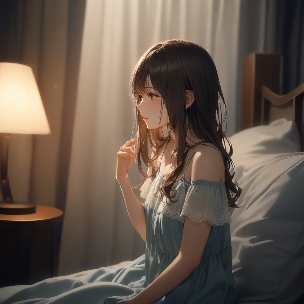 1 woman, brown hair, blue eyes, cute pajamas, holding candle, flower shaped pupils, scared expression, tears, dark, long, dark hall way, horror, scary, beutiful lighting, intricate detail, perfect anatomy, masterpiece, 8k
